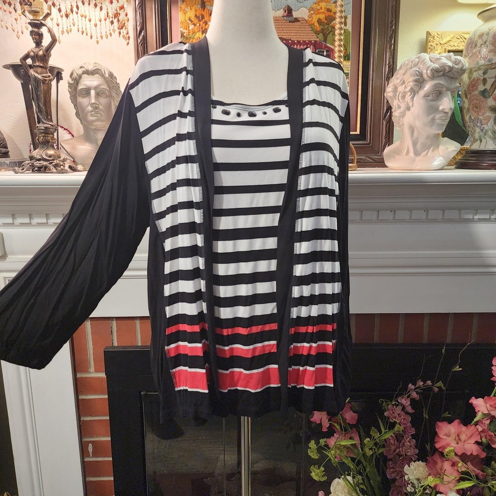 Alfred Dunner XL Striped Top and Cardigan Set Black White Red Accents